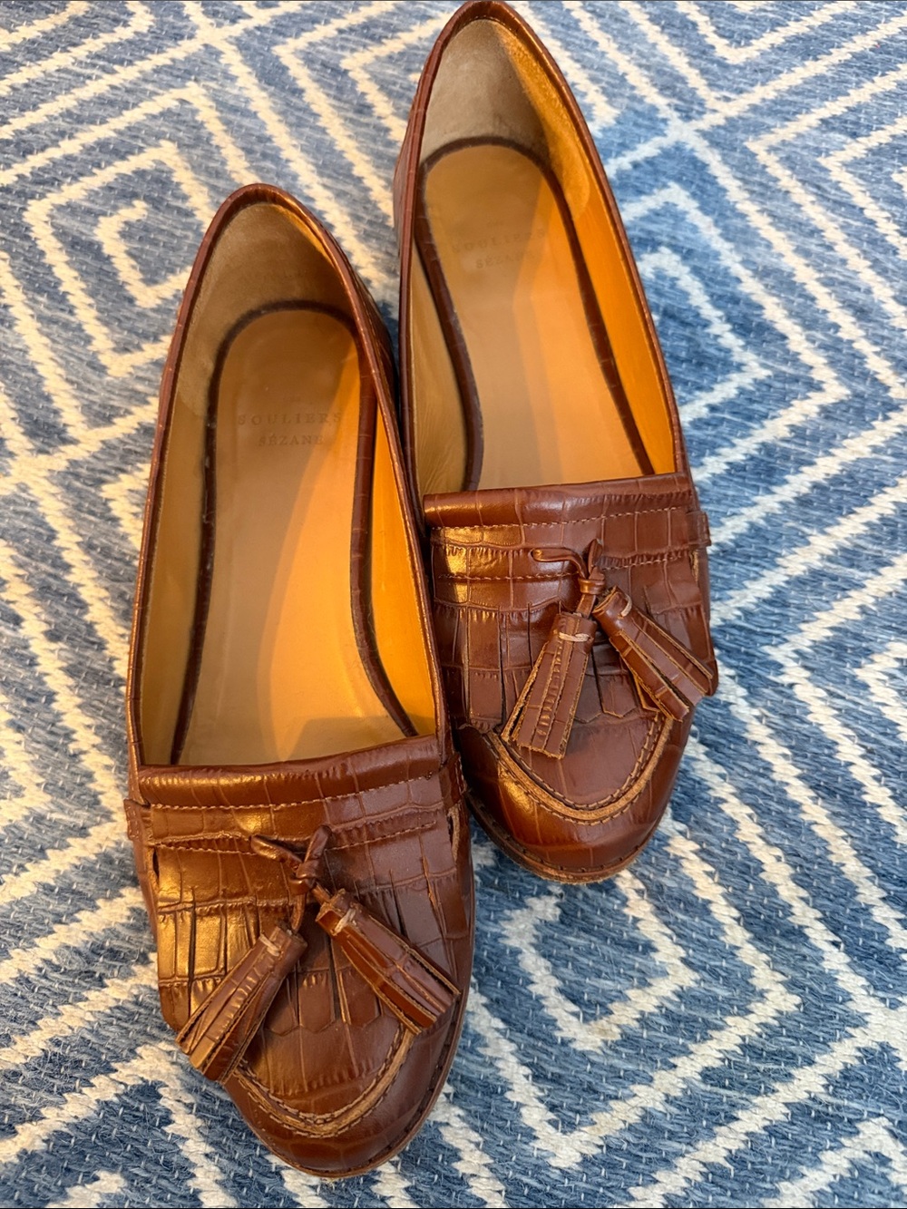 Sezane Brown Croc-Embossed Tassel Loafers